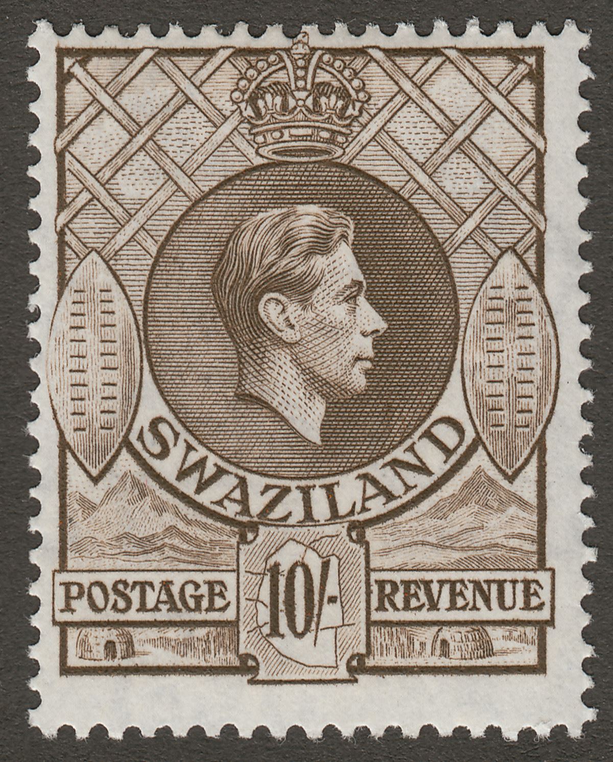 Swaziland 1943 KGVI 10sh Sepia perf 13½x14 Mint SG38a
