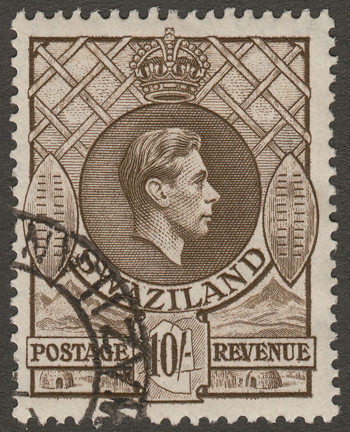 Swaziland 1943 KGVI 10sh Sepia perf 13½x14 Used SG38a