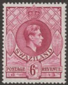 Click for more photos and details Swaziland 1954 KGVI 6d Claret p13½x14 Mint SG34c