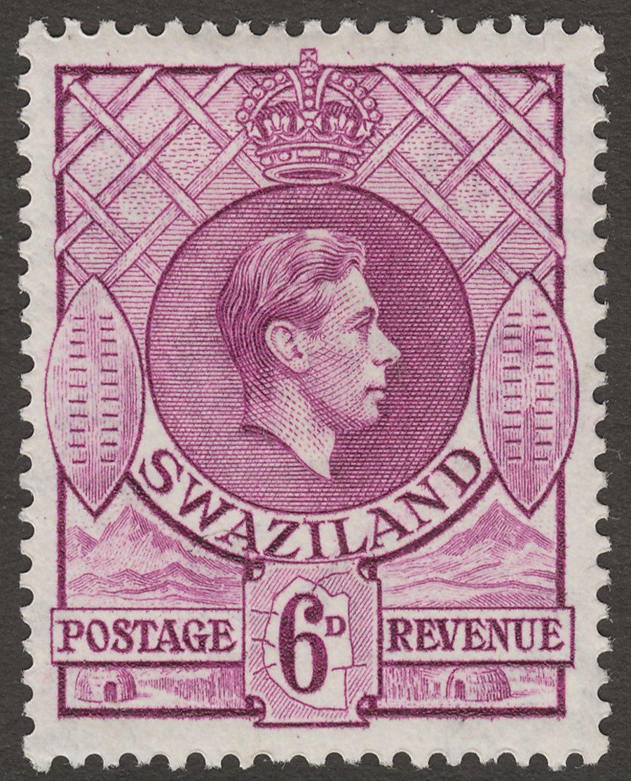 Swaziland 1943 KGVI 6d Deep Magenta p13½x14 Mint SG34a