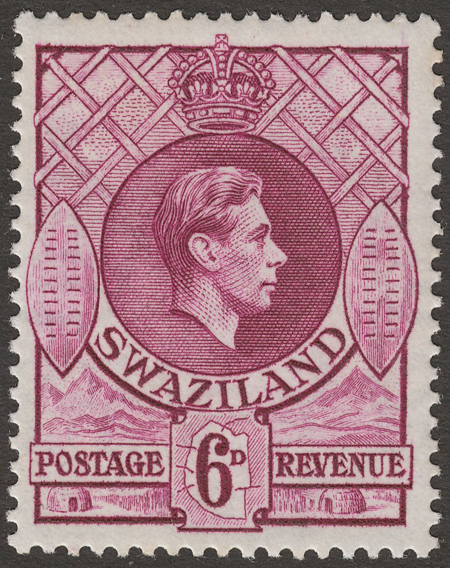 Swaziland 1944 KGVI 6d Reddish Purple p13½x14 Mint SG34b