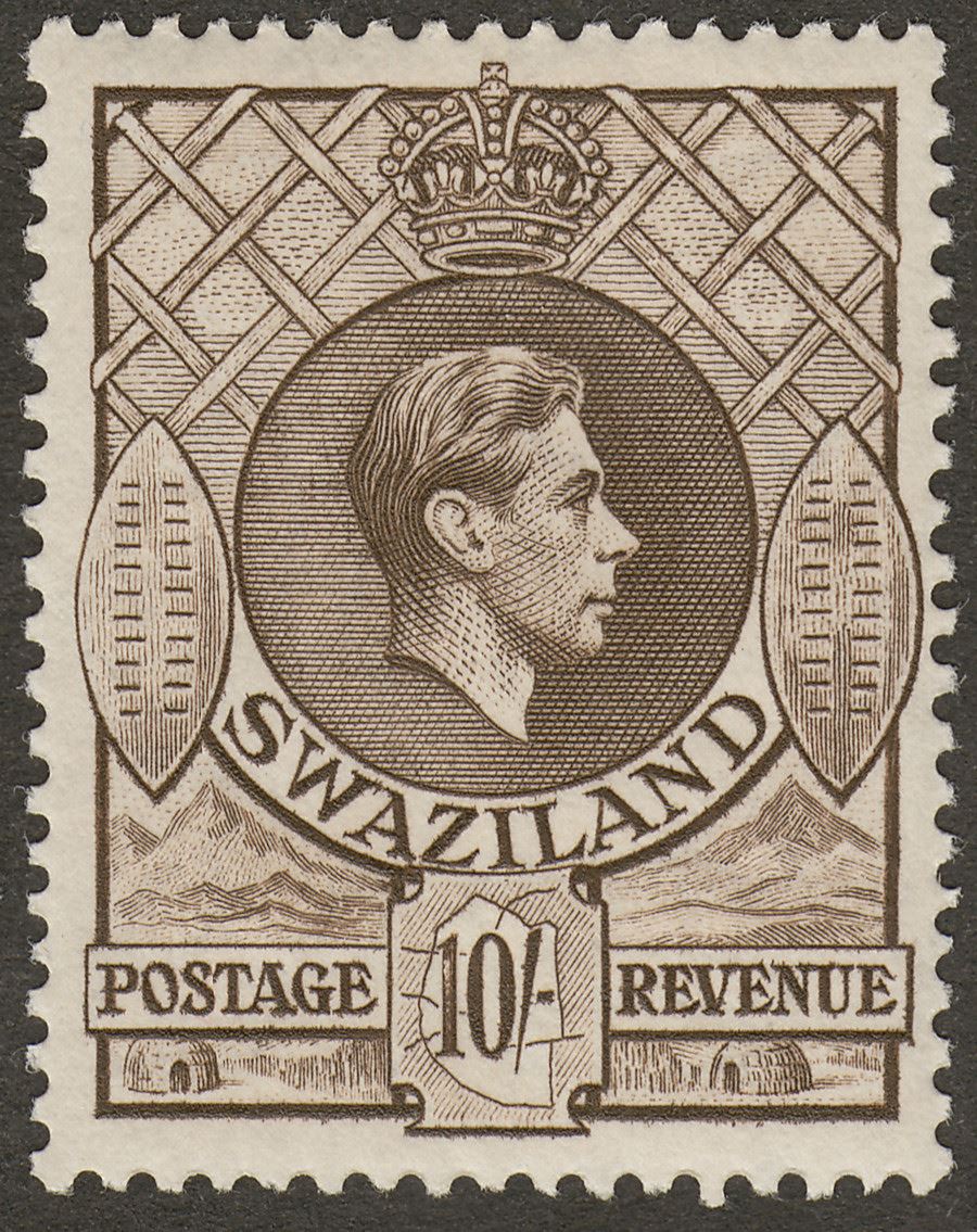 Swaziland 1938 KGVI 10sh Sepia perf 13½x13 Mint SG38