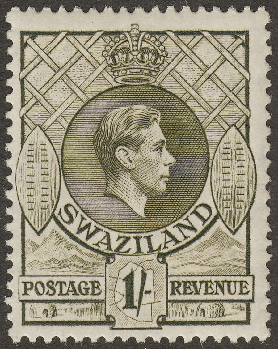 Swaziland 1938 KGVI 1sh Brown-Olive p13½x13 Mint SG35