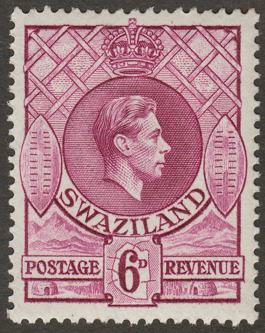 Swaziland 1944 KGVI 6d Reddish Purple p13½x14 Mint SG34b