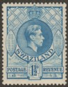 Click for more photos and details Swaziland 1938 KGVI 1½d Light Blue p13½x13 Mint SG30