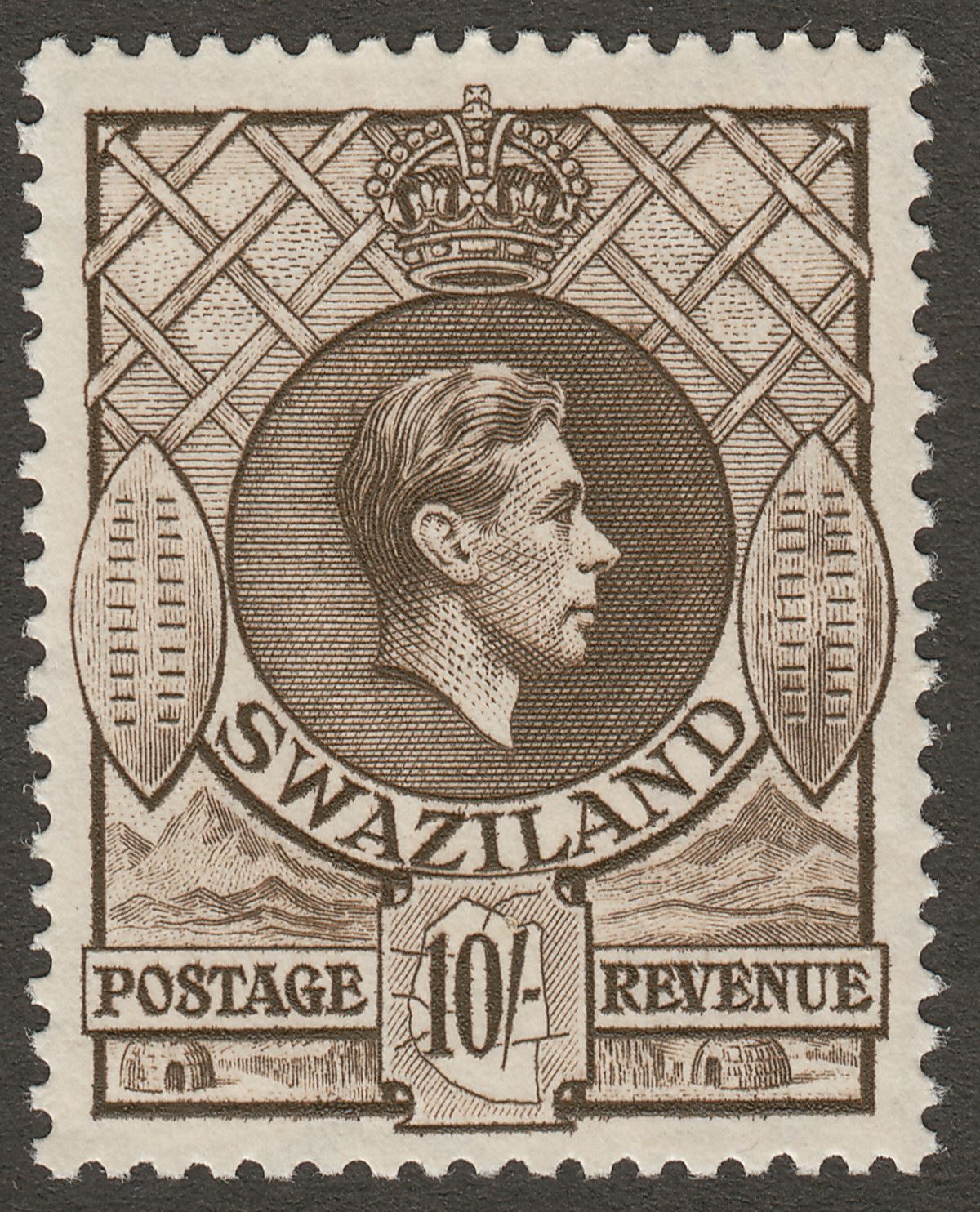 Swaziland 1938 KGVI 10sh Sepia perf 13½x13 Mint SG38