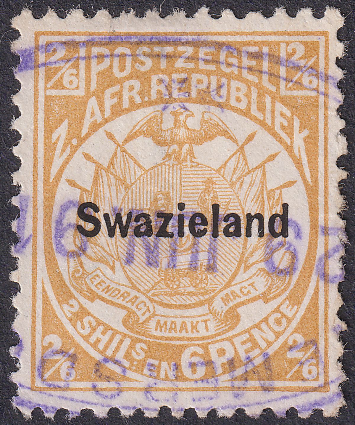 Swaziland 1890 QV Overprint 2sh6d Buff p12½ Telegraphic Used SG7 with thin