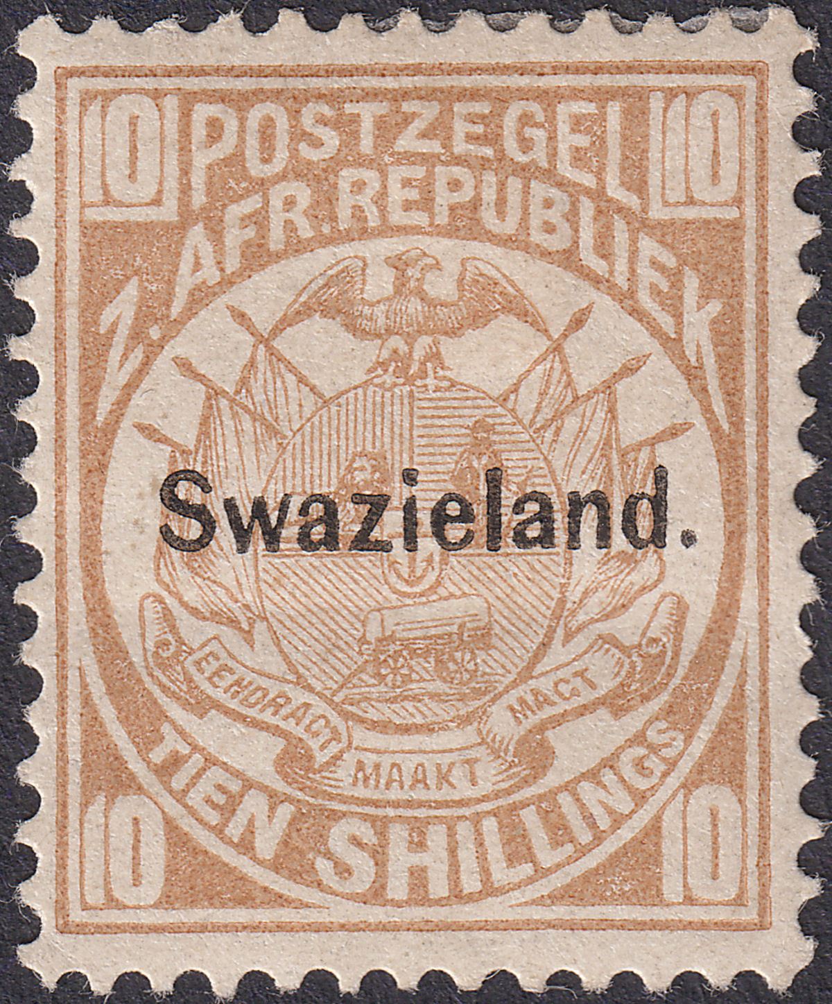 Swaziland 1894 QV Overprint 10sh Yel-Brown Unissued Dot Variety Mint SG footnote