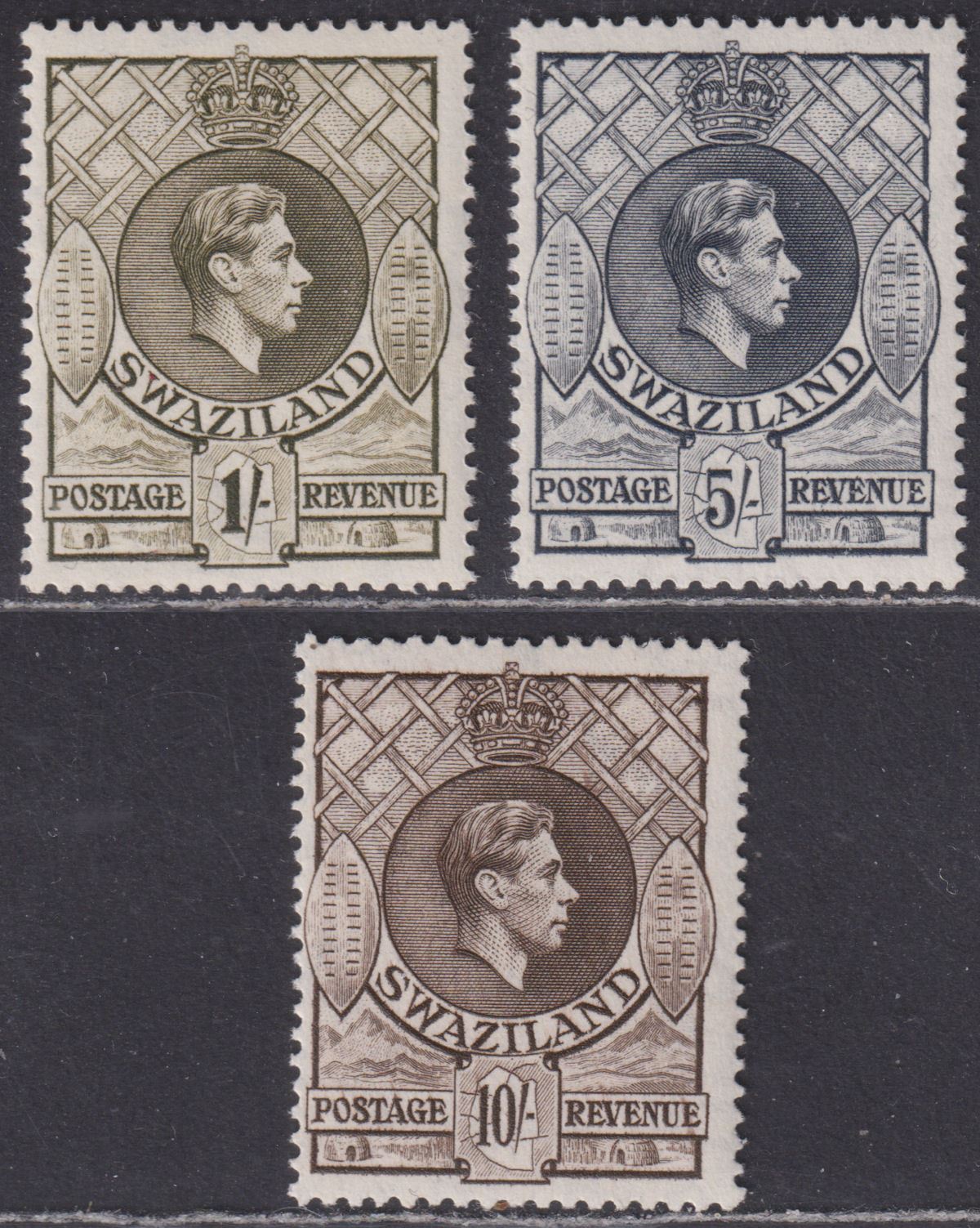 Swaziland 1943-44 KGVI 1sh, 5sh, 10sh p13½x14 Mint SG35a SG37b SG38a cat £65
