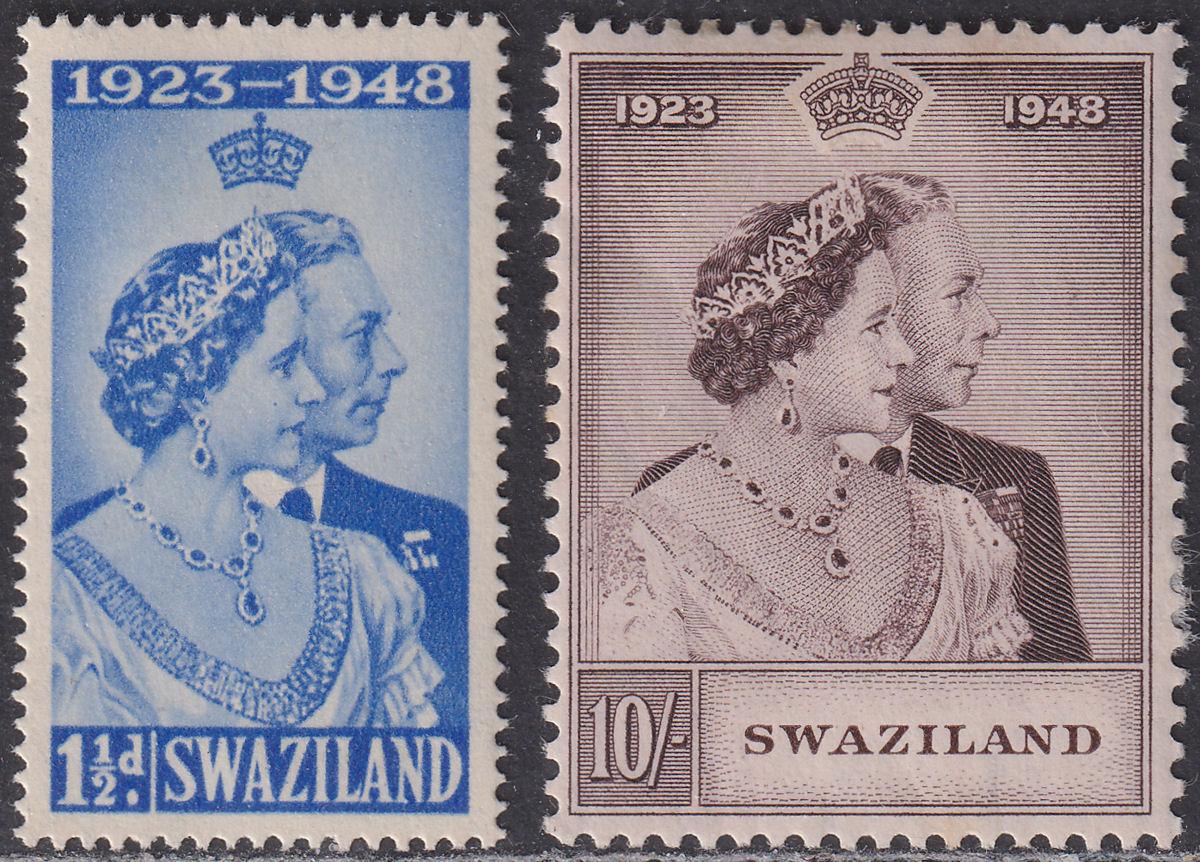 Swaziland 1948 KGVI Royal Silver Wedding 1½d, 10sh Mint SG46-47 cat £40