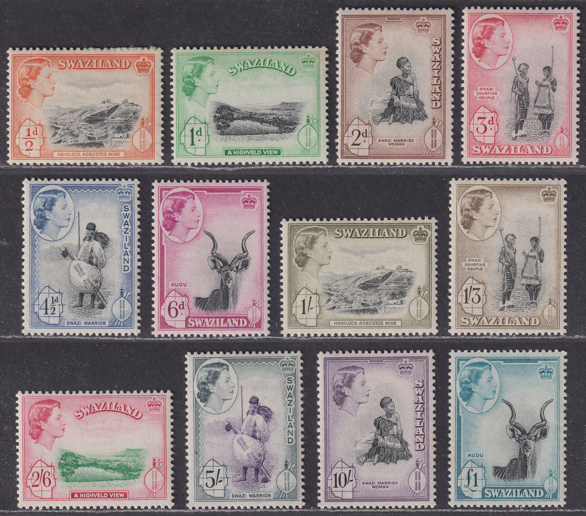 Swaziland 1956 Queen Elizabeth II Set Mint SG53-64 cat £120 tones