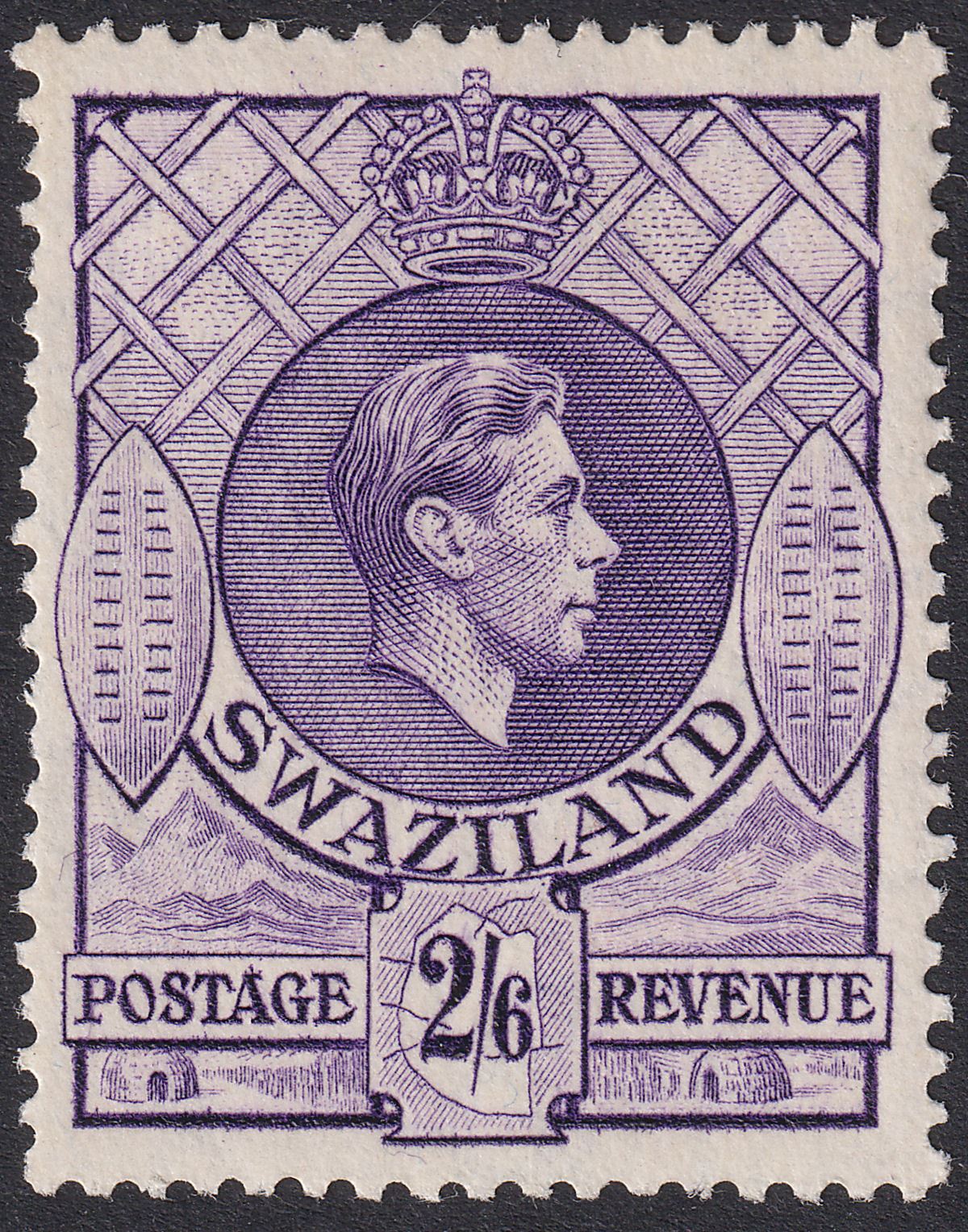 Swaziland 1943 KGVI 2sh6d Violet p13½x14 Mint SG36a