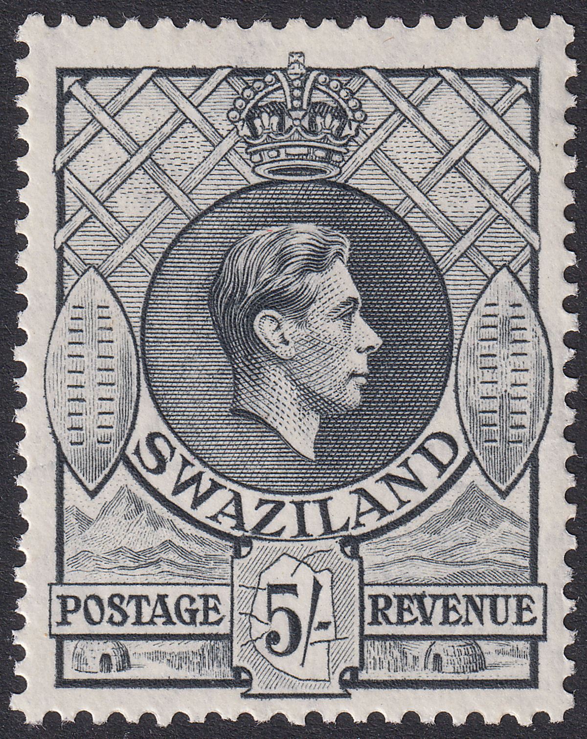 Swaziland 1943 KGVI 5sh Slate perf 13½x14 Mint SG37a