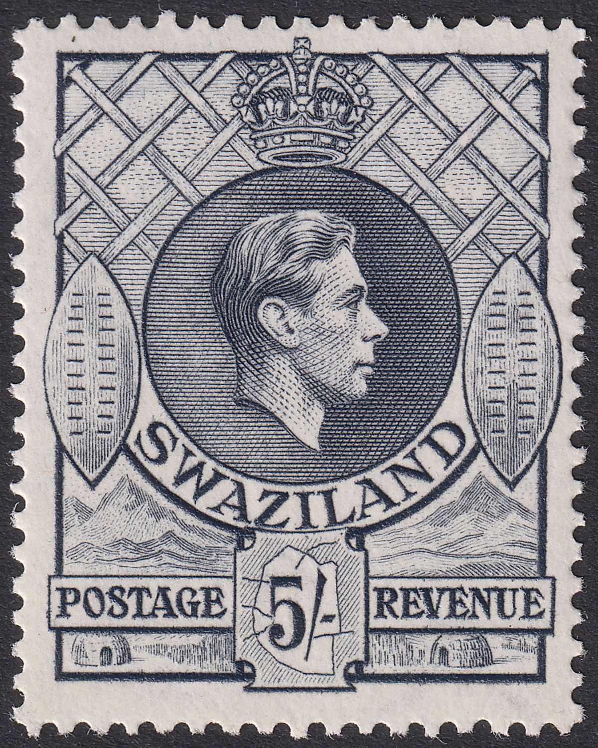 Swaziland 1952 KGVI 5sh Grey-Black perf 13½x14 Mint SG37b