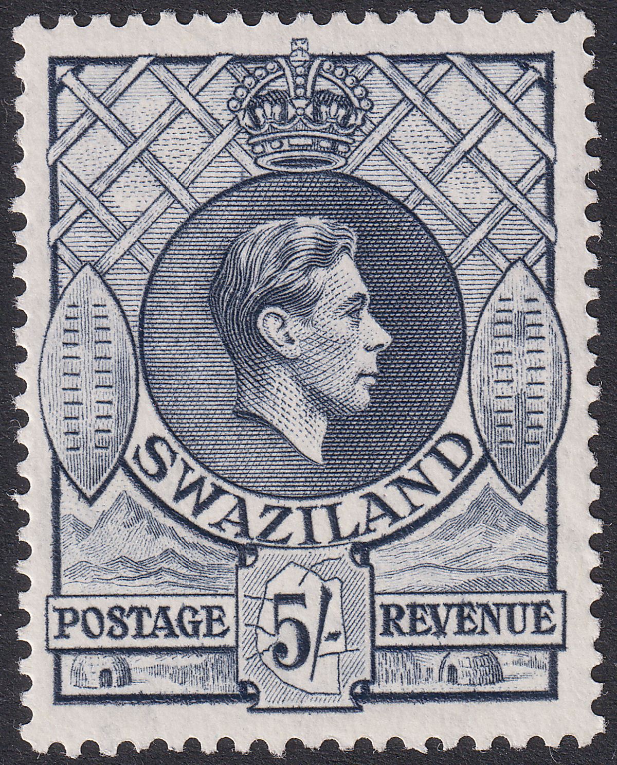 Swaziland 1944 KGVI 5sh Blue Grey perf 13½x14 Mint SG37b
