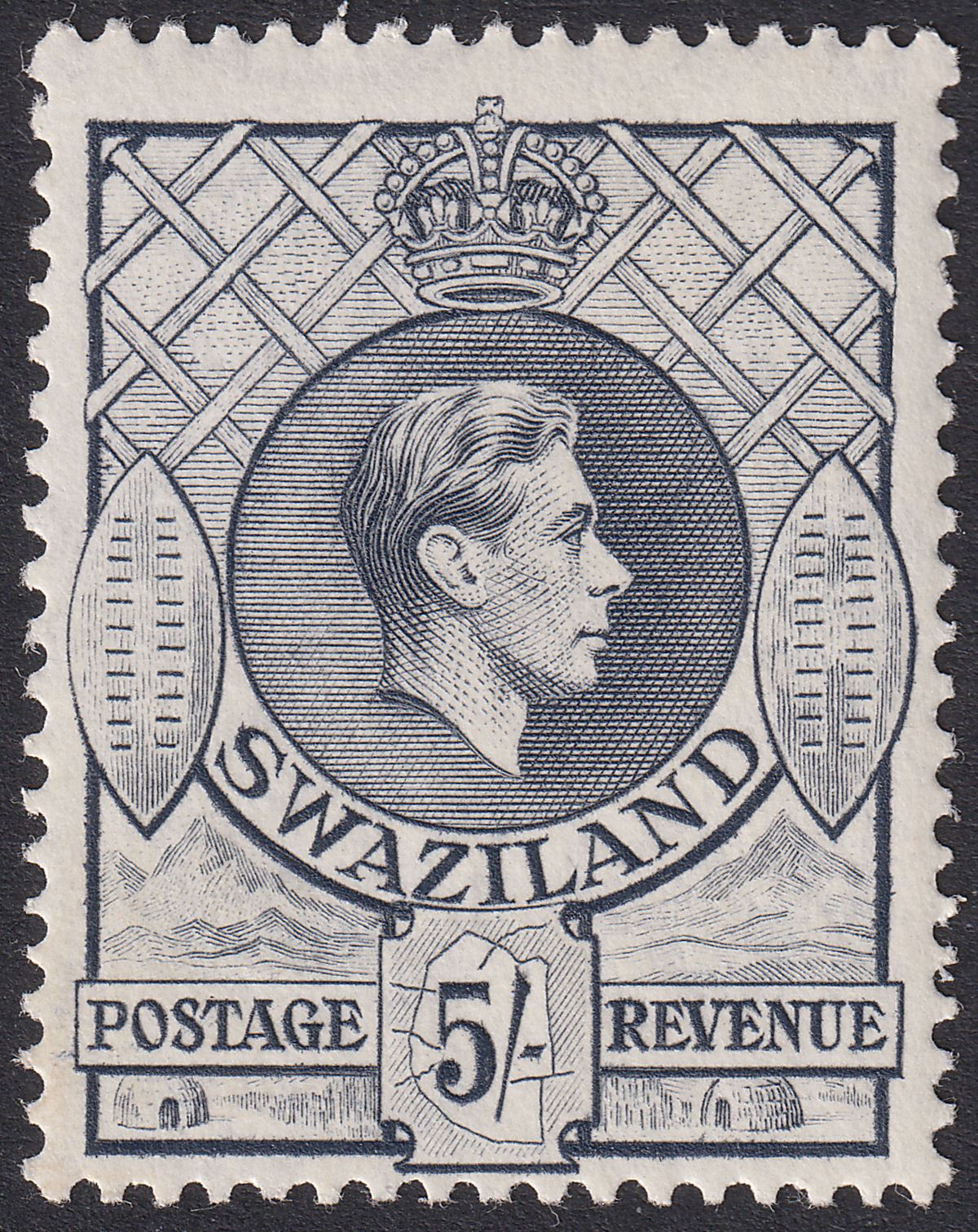 Swaziland 1944 KGVI 5sh Grey perf 13½x14 Mint SG37b