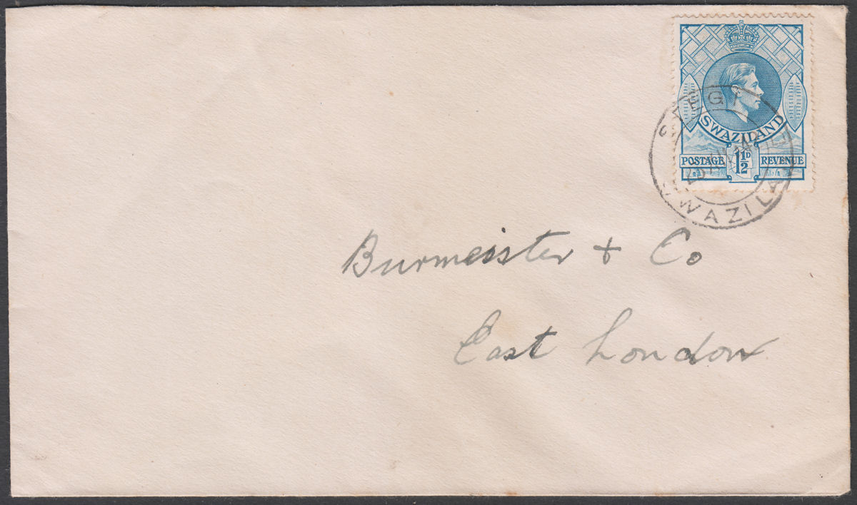 Swaziland 1942 King George VI 1½d perf 14 Used on Cover STEGI to East London