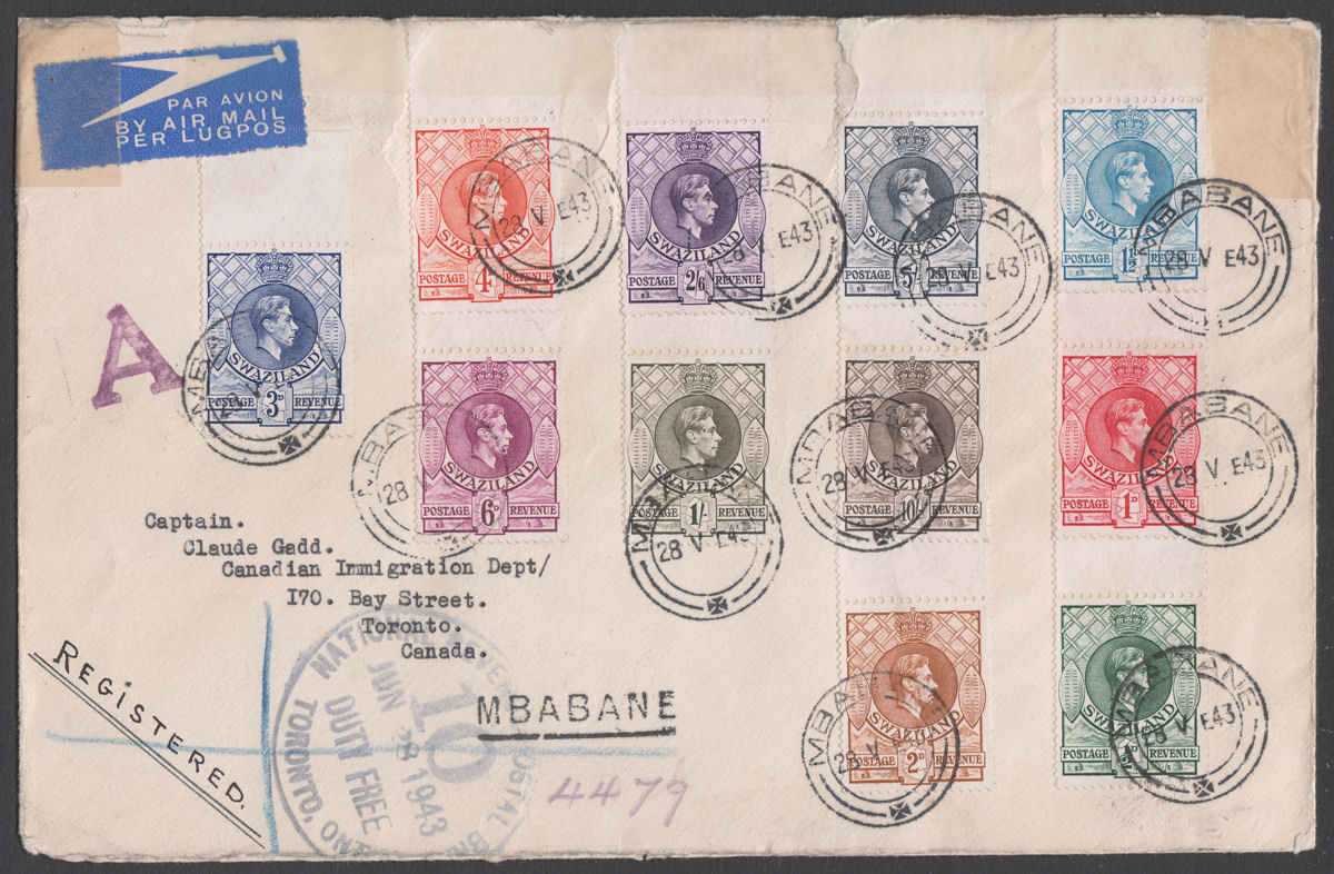 Swaziland 1943 KGVI Marginal Set Used on Registered Airmail Cover MBABANE
