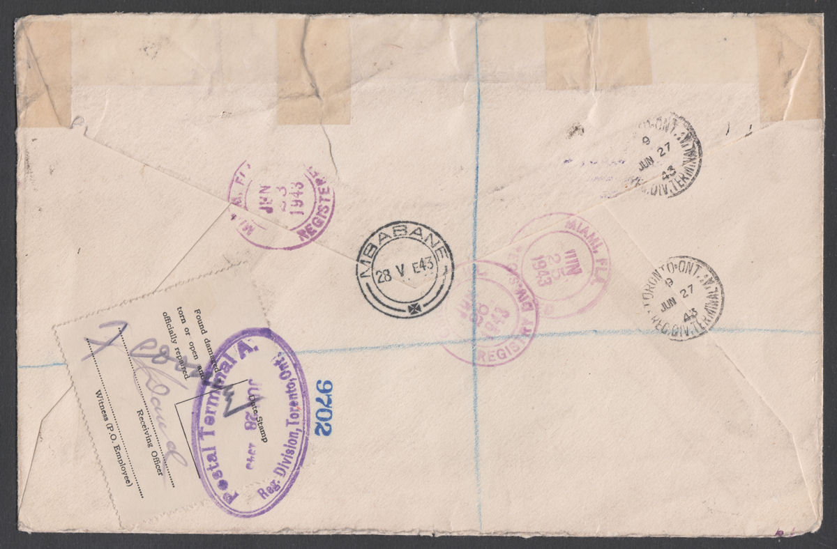 Swaziland 1943 KGVI Marginal Set Used on Registered Airmail Cover MBABANE