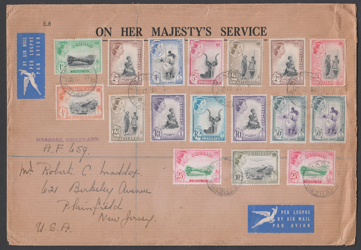 Swaziland 1961 QEII Full Set w Extras Used Official Regd Airmail Cover MBABANE
