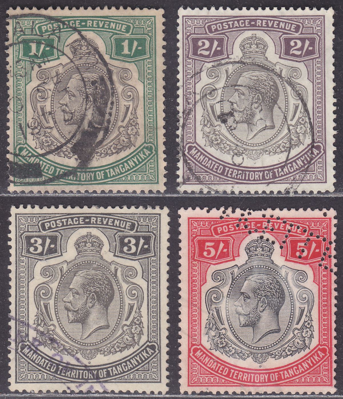 Tanganyika 1927 King George V 1sh, 2sh Used + 5sh, 10sh Fiscally Used SG102-105