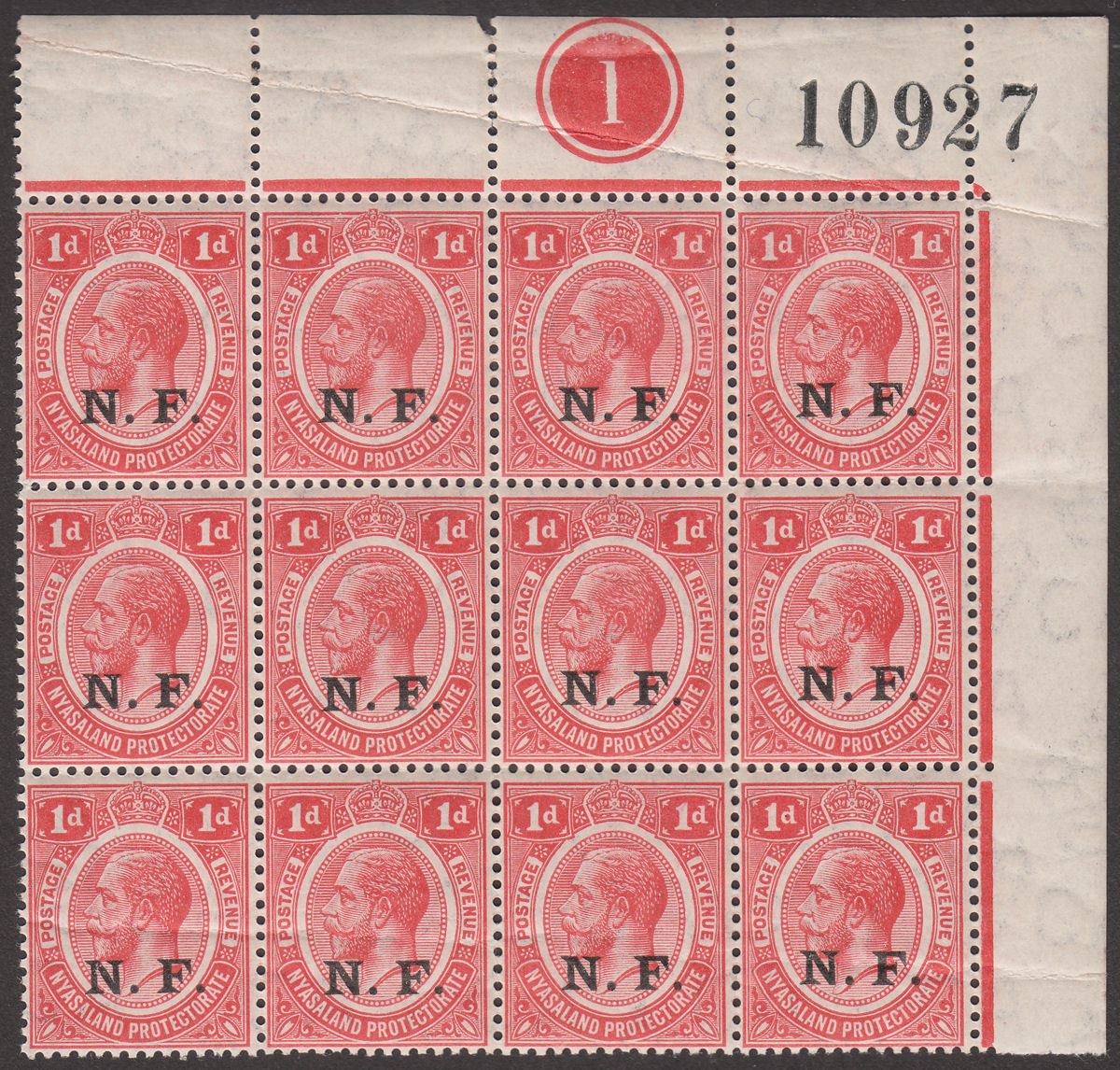 Tanganyika 1916 KGV NF Overprint 1d Scarlet Plate 1 Block of 12 Mint SG N2