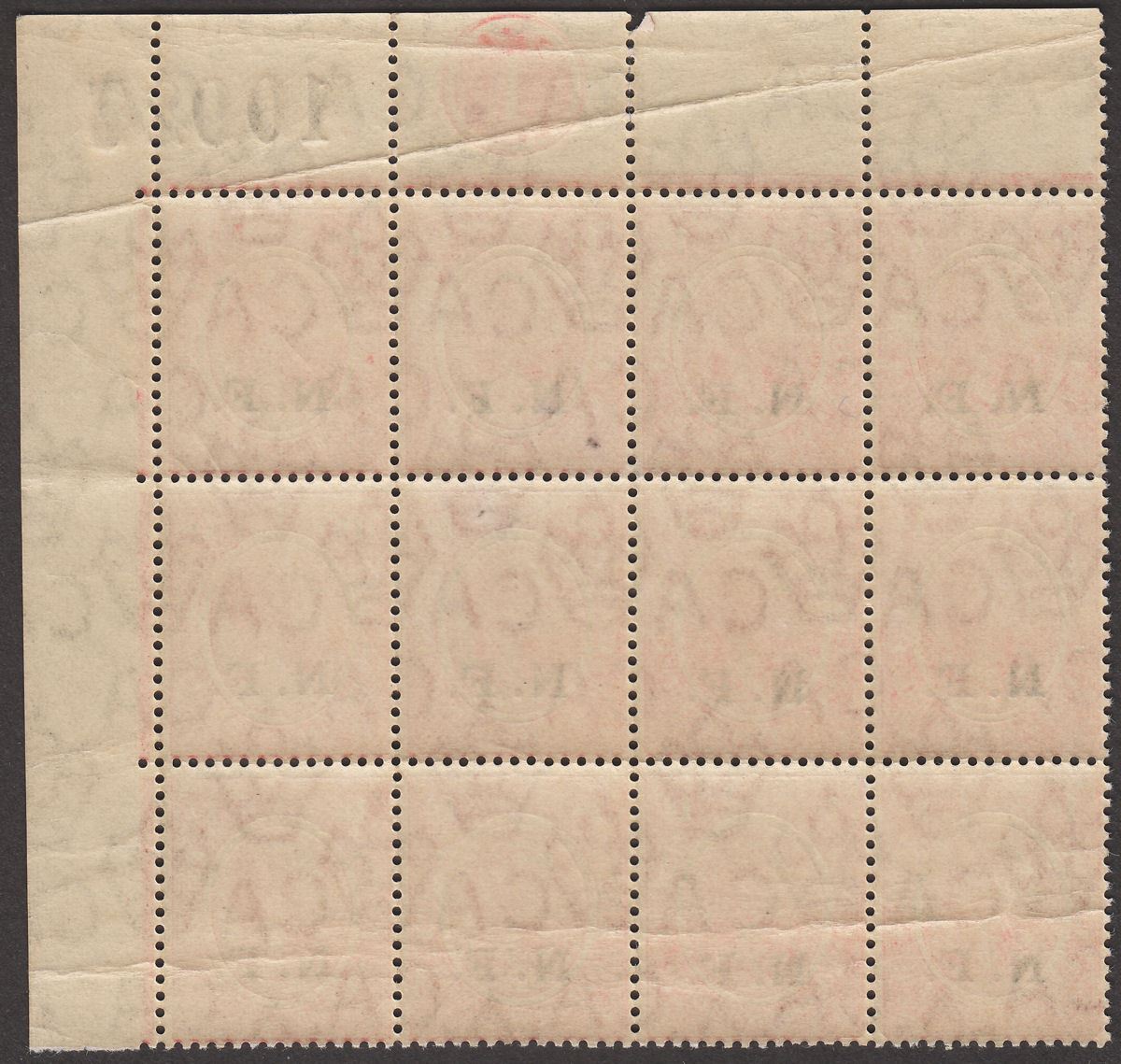 Tanganyika 1916 KGV NF Overprint 1d Scarlet Plate 1 Block of 12 Mint SG N2