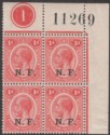 Click for more photos and details Tanganyika 1916 KGV NF Overprint 1d Scarlet Plate 1 Block of 4 UM Mint SG N2