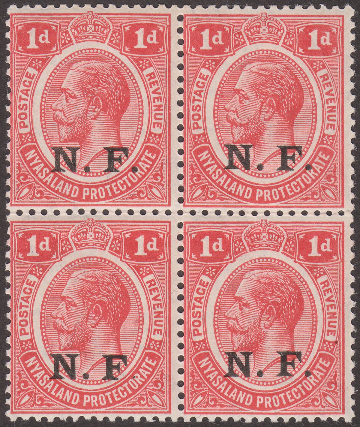 Tanganyika 1916 KGV NF Overprint 1d Block Mint SG N2 Small Stop After F Variety