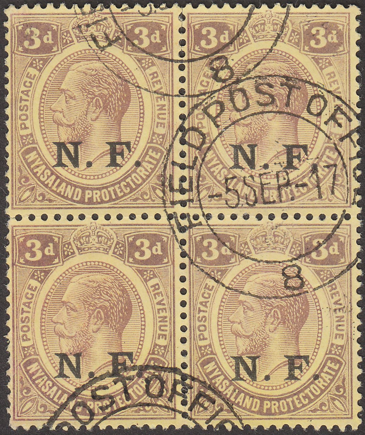 Tanganyika 1917 KGV NF Opt 3d Block of 4 Used FIELD POST OFFICE 8 Postmark c£80