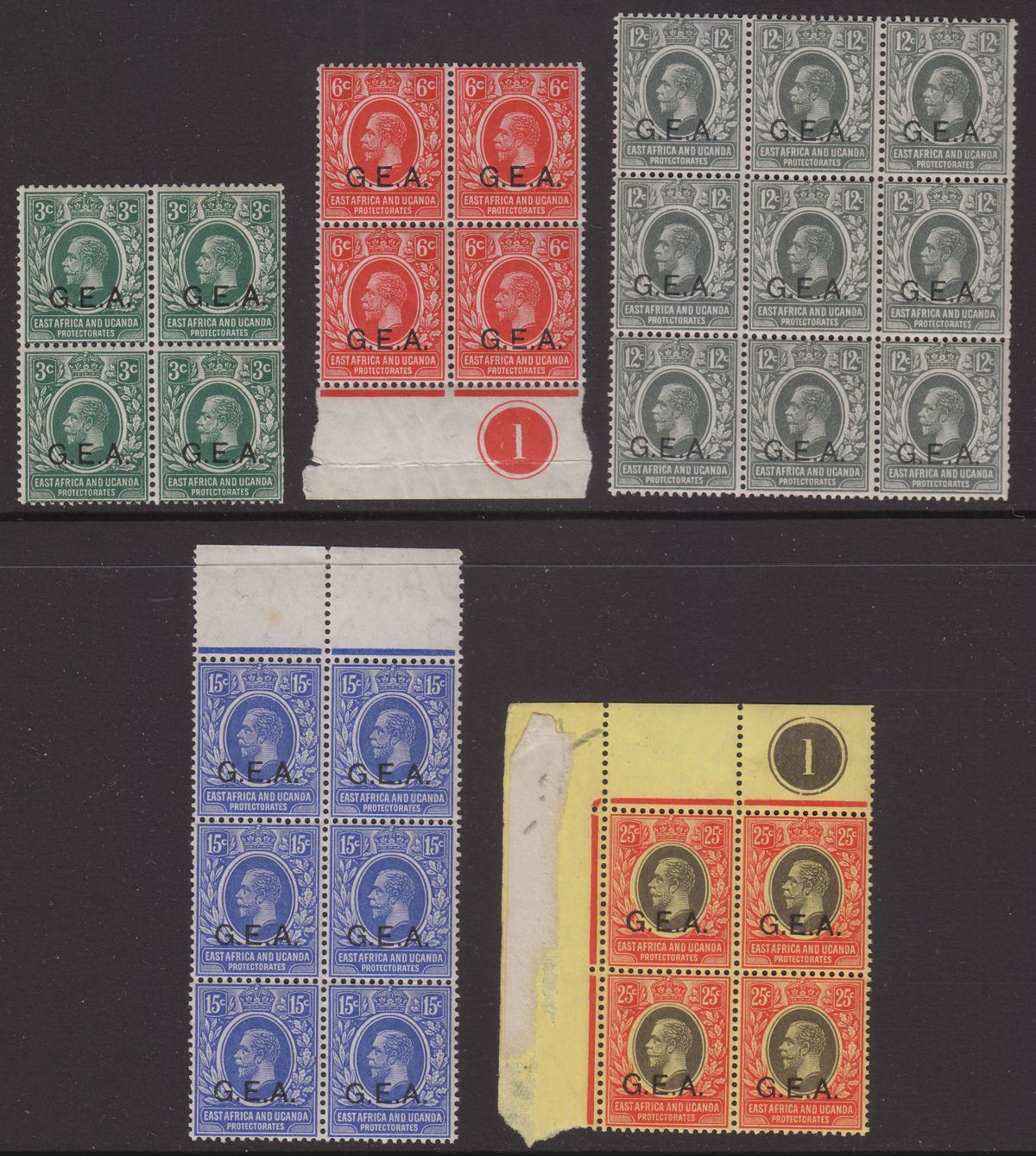 Tanganyika 1917 King George V GEA Overprint Part Set Blocks to 25c Mint