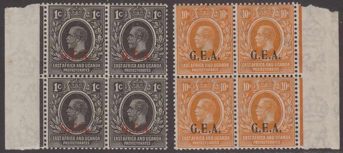 Tanganyika 1922 KGV GEA Overprint 1c and 10c Blocks of 4 Mint SG72-73 cat £48