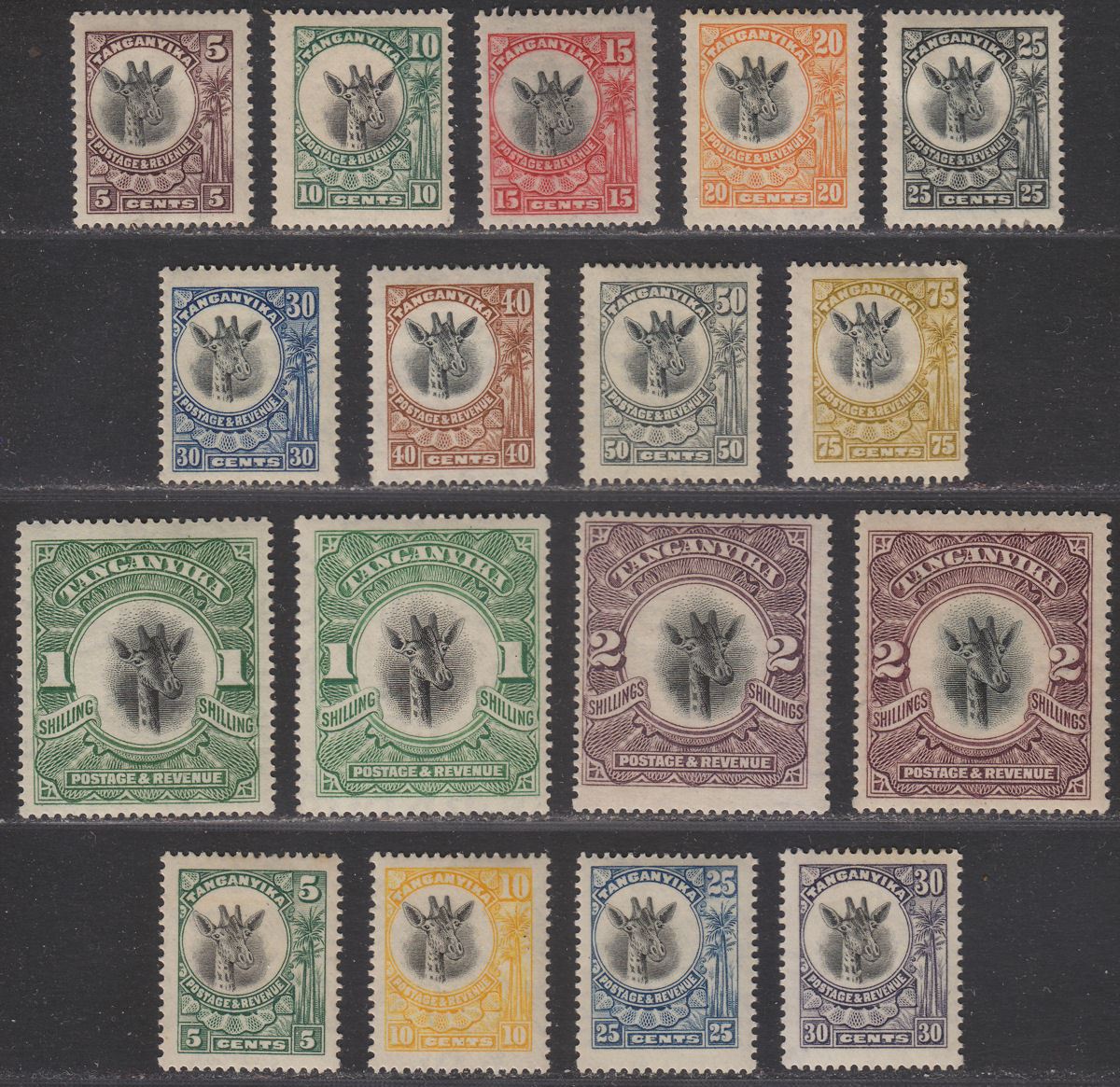 Tanganyika 1922-25 King George V Giraffes Selection to 2sh Mostly Mint - faults