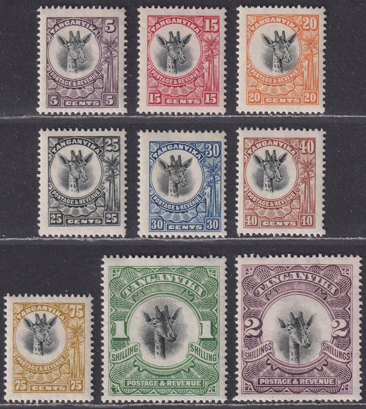 Tanganyika 1922 King George V Giraffes Part Set to 2sh Mint