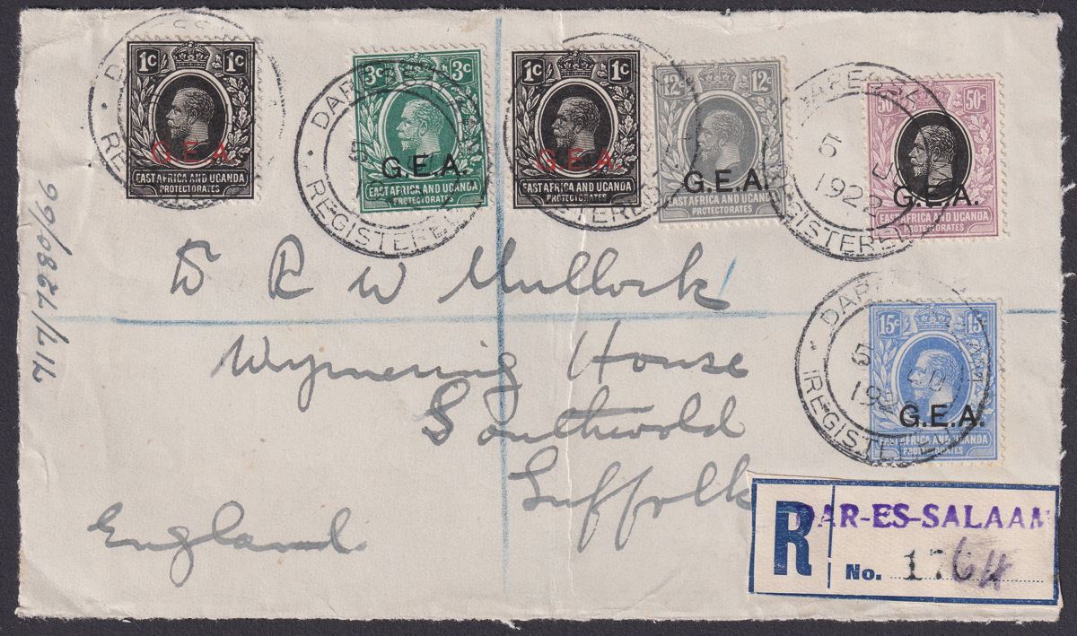 Tanganyika 1922 KGV 50c 15c 12c 3c 1c x2 Regd Cover Front Dar-es-Salaam to UK