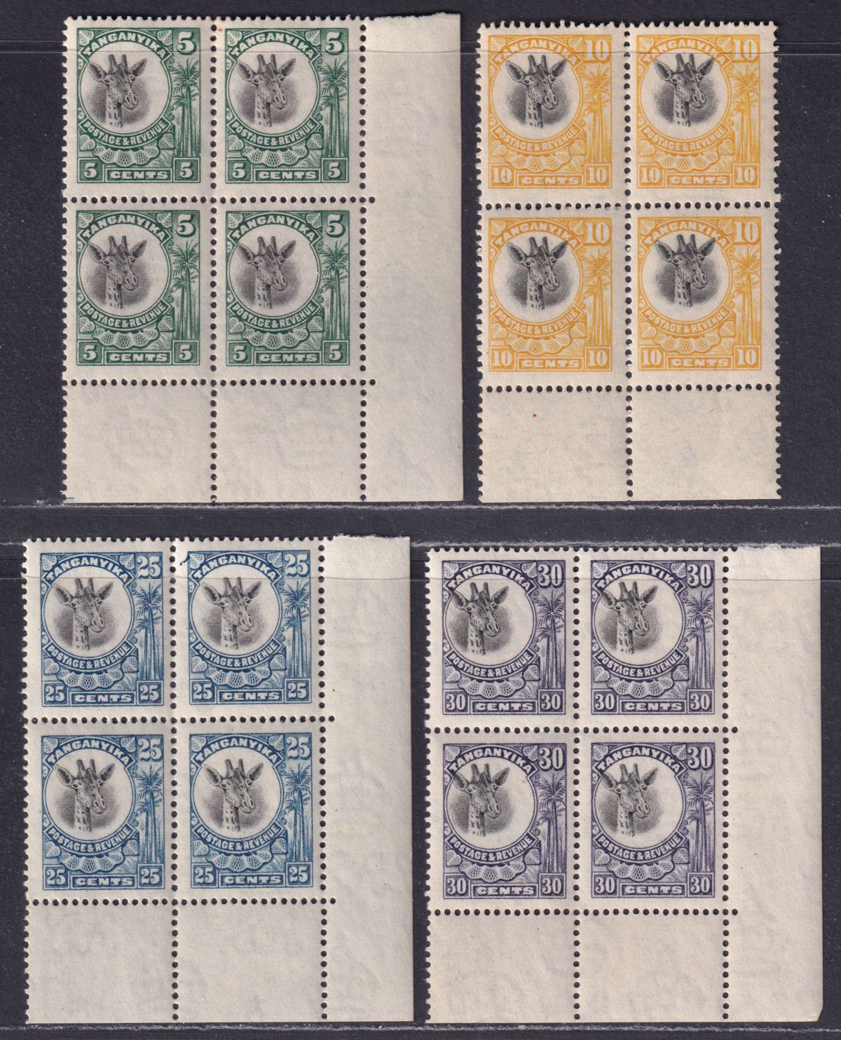 Tanganyika 1925 King George V Giraffes Block Set Mint SG89-92 cat £200