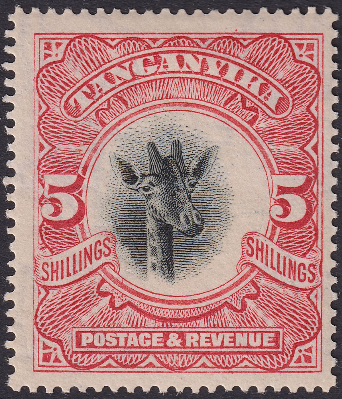 Tanganyika 1922 KGV Giraffe 5sh Scarlet wmk Sideways Mint SG86 cat £95