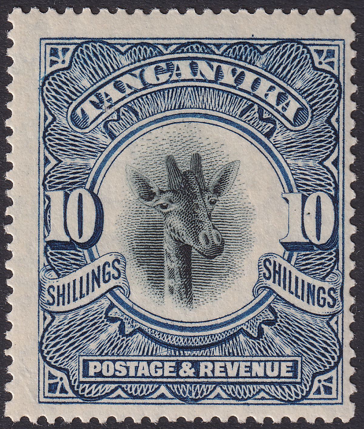 Tanganyika 1923 KGV Giraffe 10sh Deep Blue wmk Upright Mint SG87a cat £160 THIN