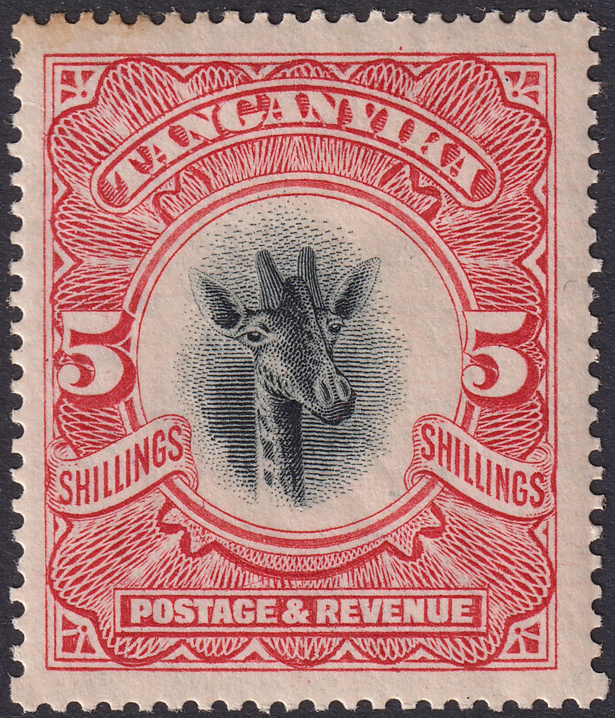 Tanganyika 1923 KGV Giraffe 5sh Scarlet wmk Upright Mint SG86a cat £55 TONE