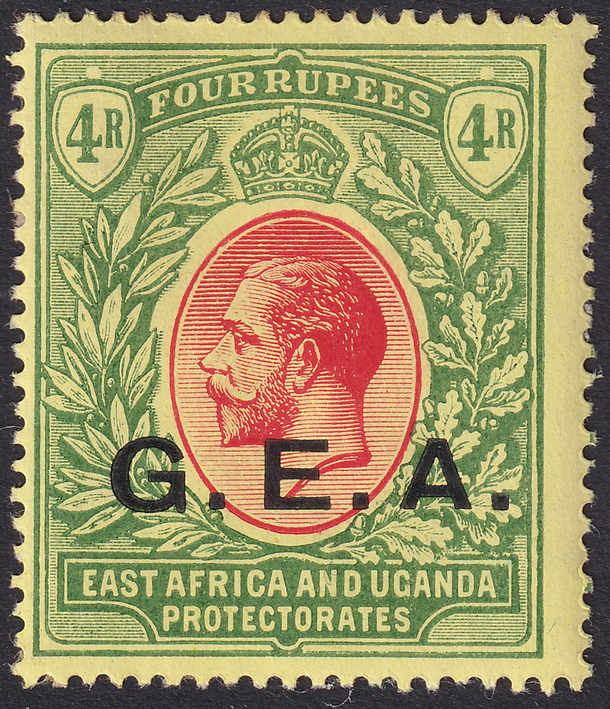 Tanganyika 1917 KGV GEA Opt 4r Red and Green on Yellow Mint SG58 cat £35