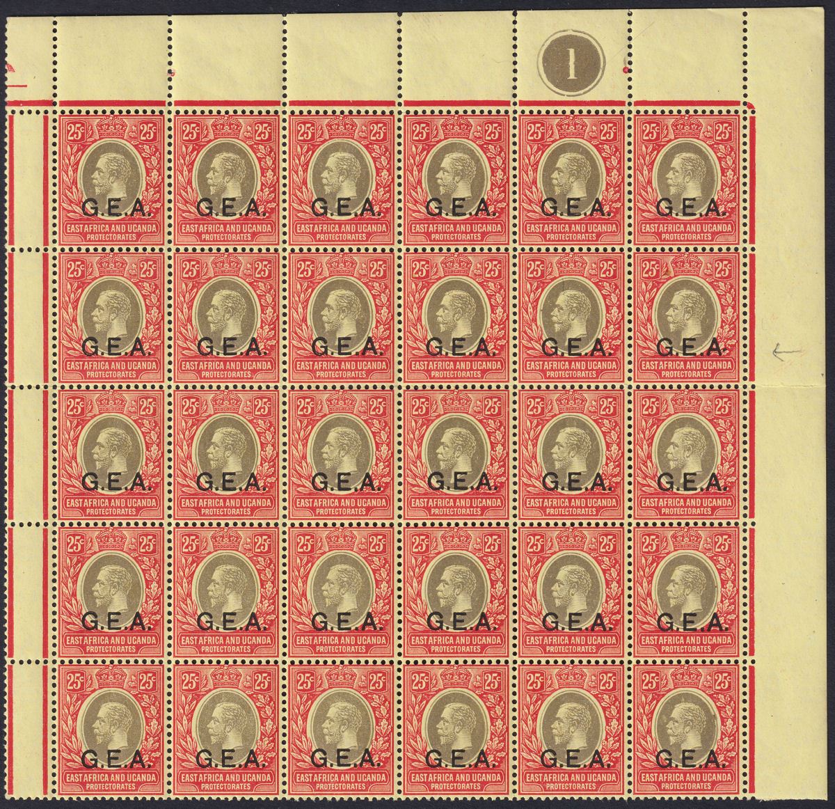 Tanganyika 1921 KGV GEA Opt 25c Part Sheet Raised Stop After A var Mint Unlisted