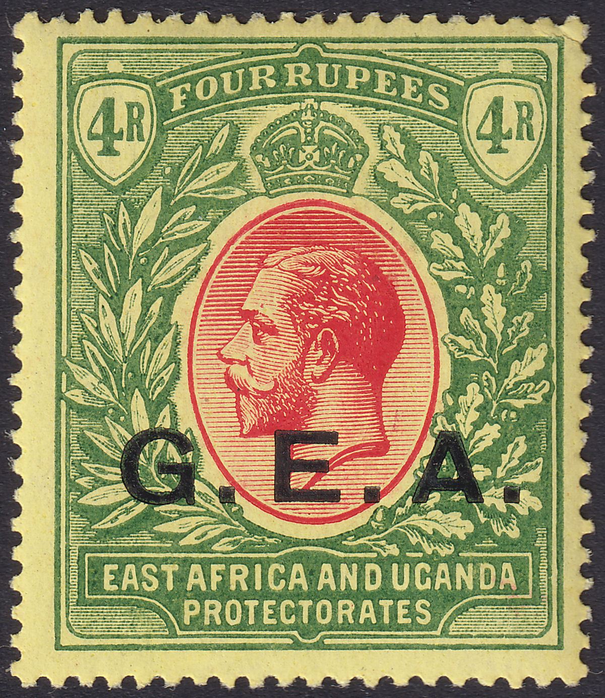 Tanganyika 1917 KGV GEA Opt 4r Red and Green on Yellow Mint SG58 cat £35