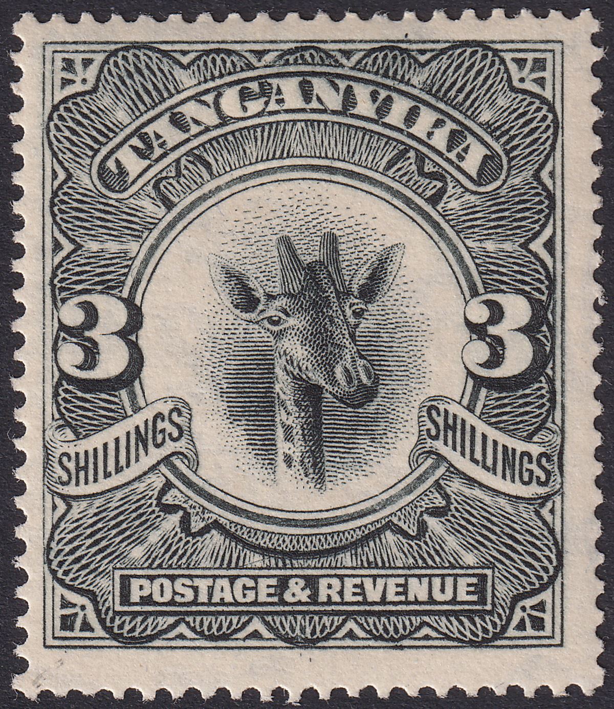 Tanganyika 1922 KGV Giraffe 3sh Black Mint SG85 cat £65