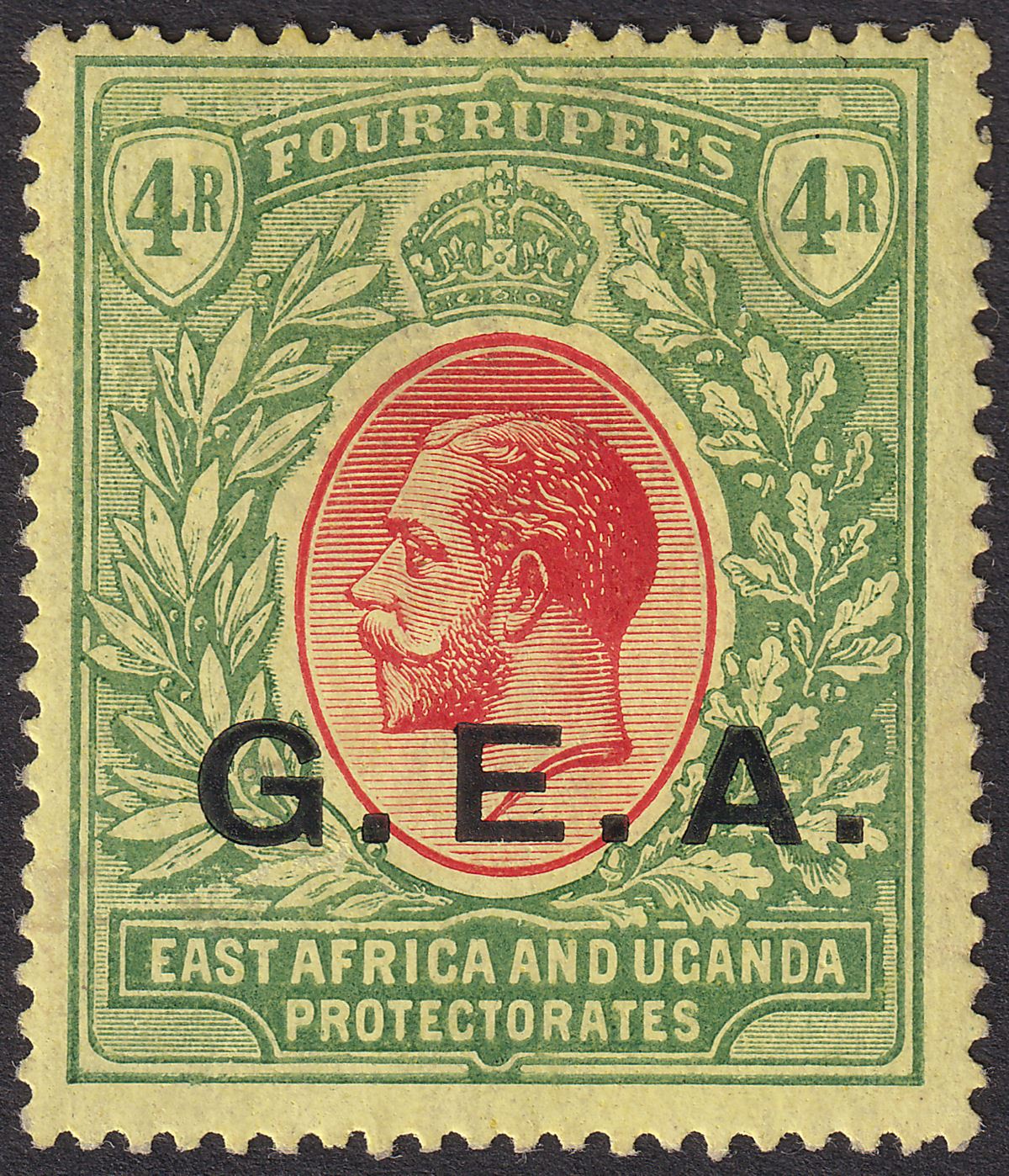 Tanganyika 1917 KGV GEA Opt 4r Red and Green on Yellow Mint SG58 cat £26
