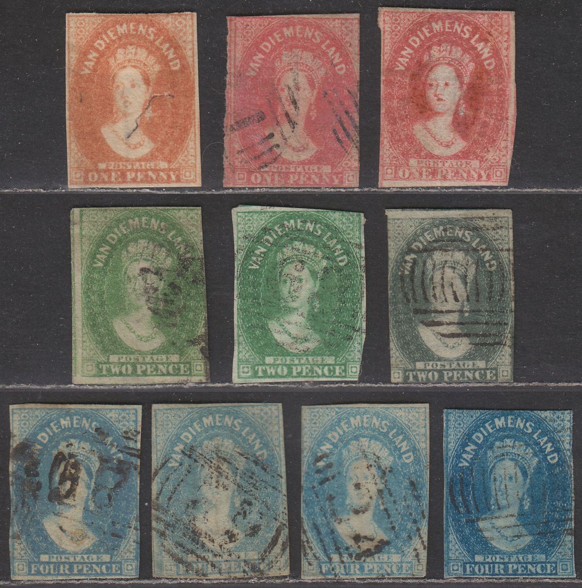 Tasmania 1857 Queen Victoria Chalon Imperf 1d, 2d, 4d Selection Used