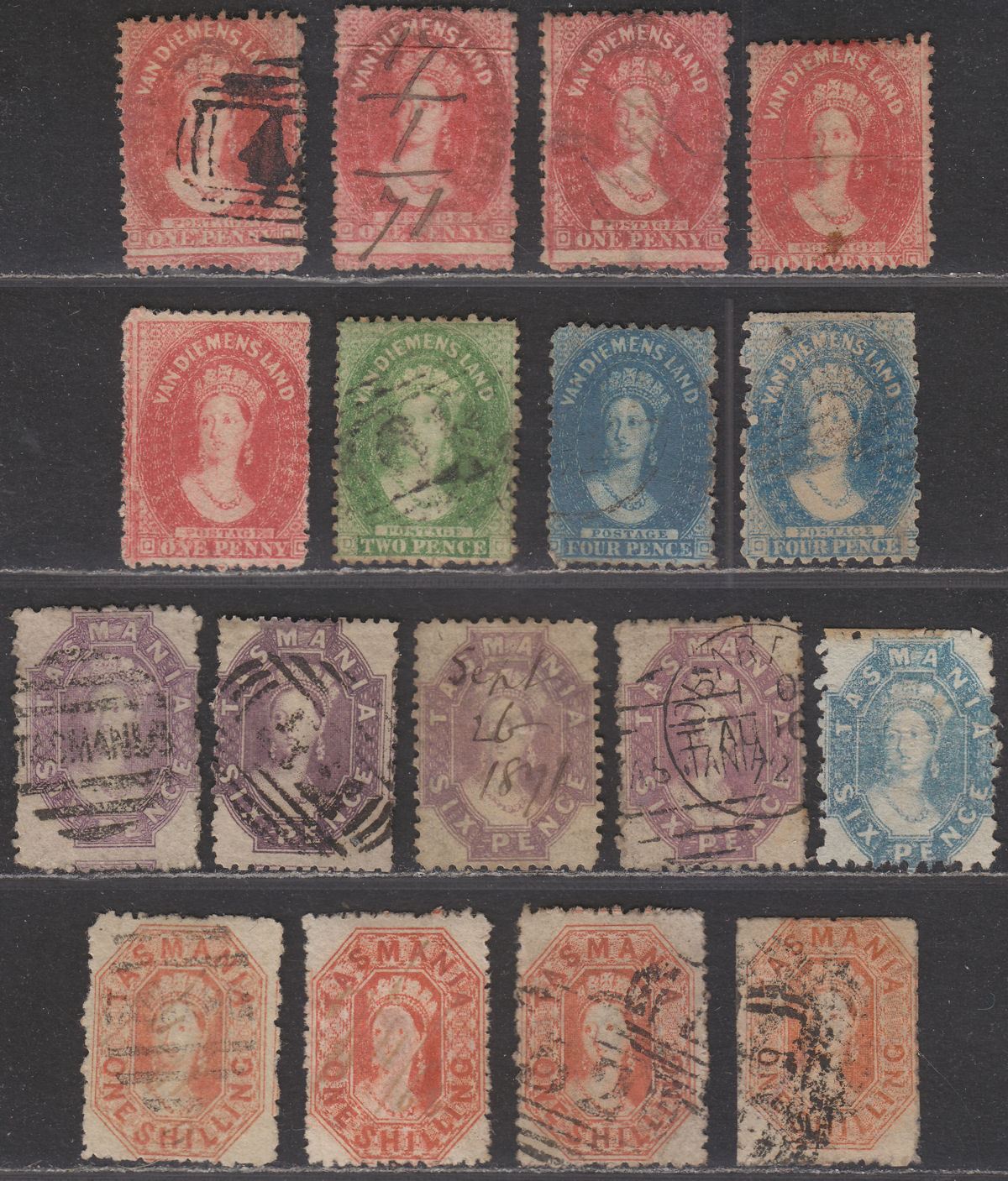 Tasmania 1863-91 QV Chalon Selection to 1sh Used inc some Fiscal Pen Cancels