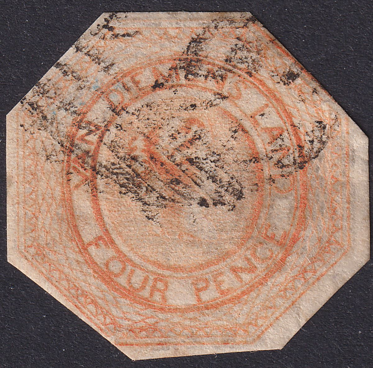 Tasmania 1853 QV Courier 4d Dull Orange Used SG11 cat £375 cut to shape