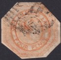 Tasmania 1853 QV Courier 4d Dull Orange Used SG11 cat £375 cut to shape