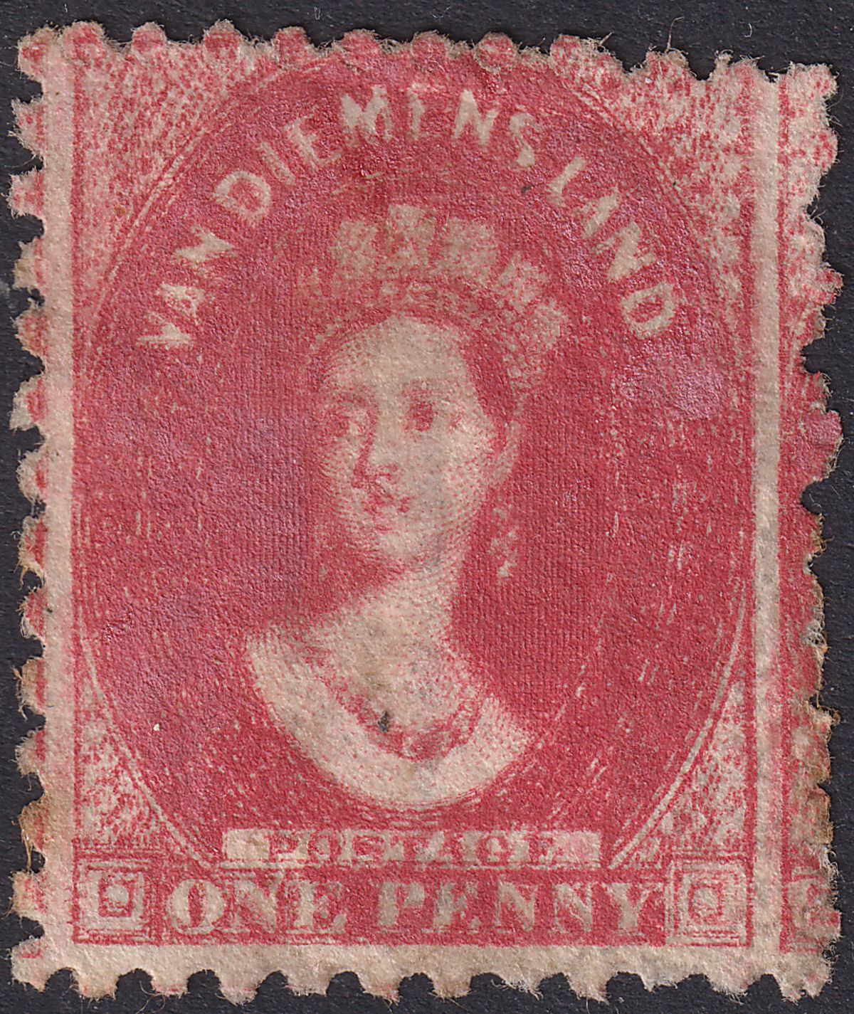Tasmania 1864 QV Chalon 1d Carmine perf 10 Unused SG59 double print