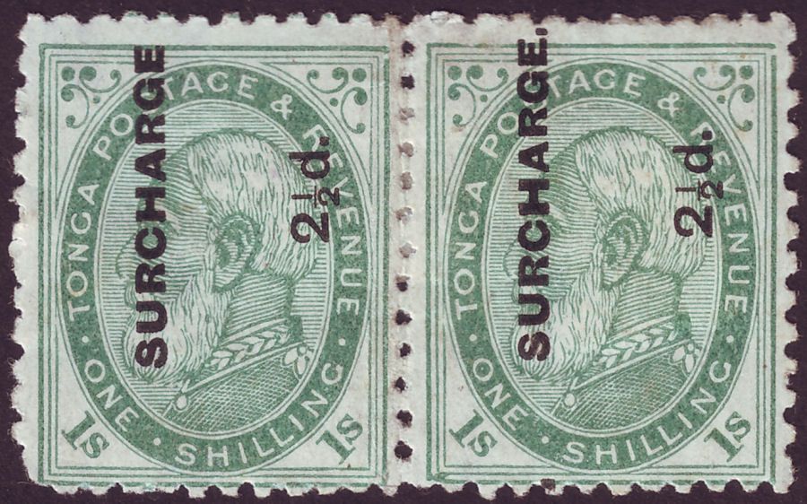 Tonga 1894 KGI 2½d on 1sh Surcharge stop / no-stop Pair Mint SG24b SG24ba
